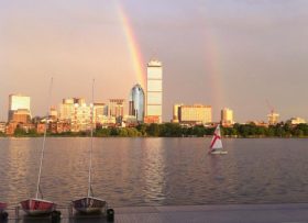 Boston skyline with a double rainbow