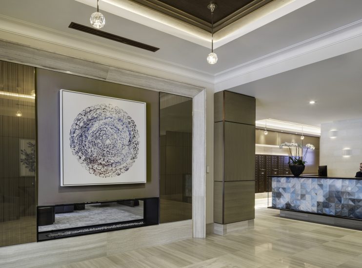 The Archer lobby and fireplace